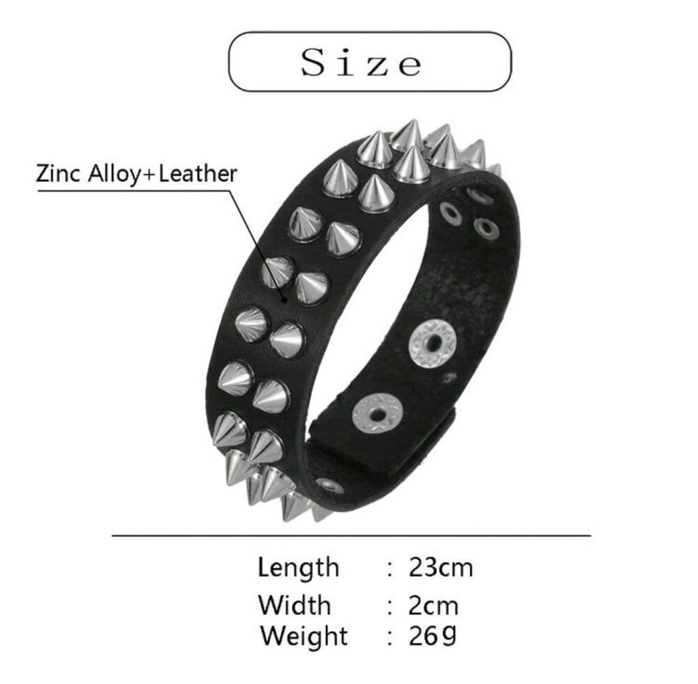 Black Leather Studded Spike Bracelet Punk Goth Rock Biker Wristband 2 Rows New
